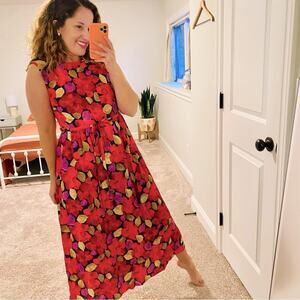 DYVNA Red Green Floral Silk Maxi Dress XS